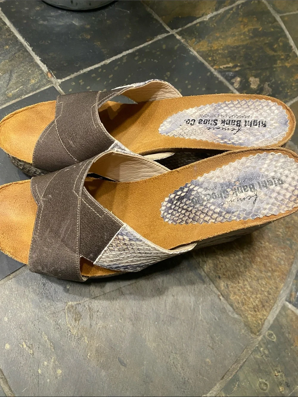 Wide Crisscross Wedge Sandals in Brown w/Snakeskin Detailing